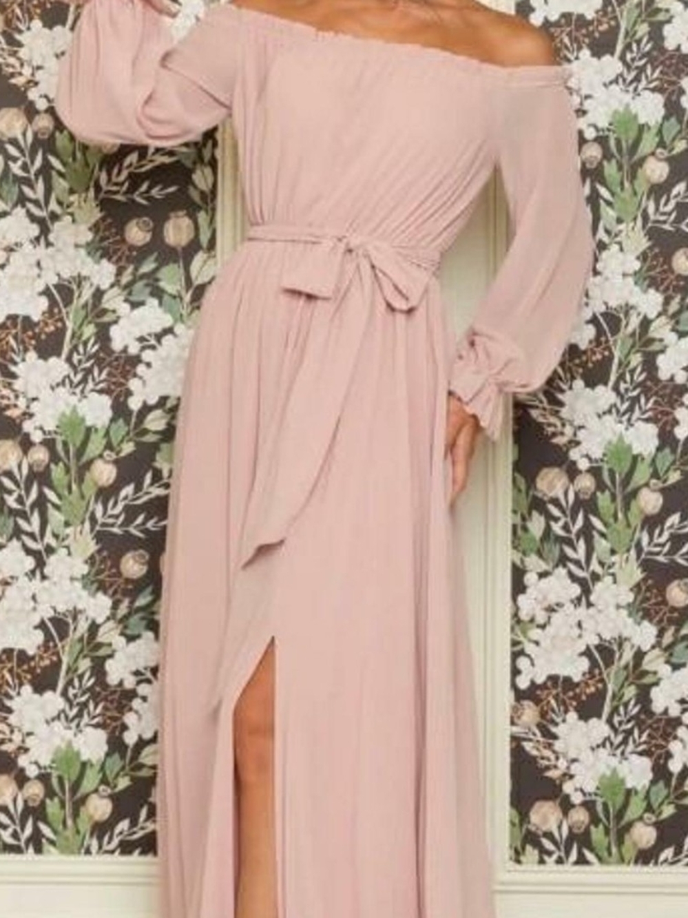 Off-the-Shoulder Blush Pink Maxi Dress with Tie Waist
